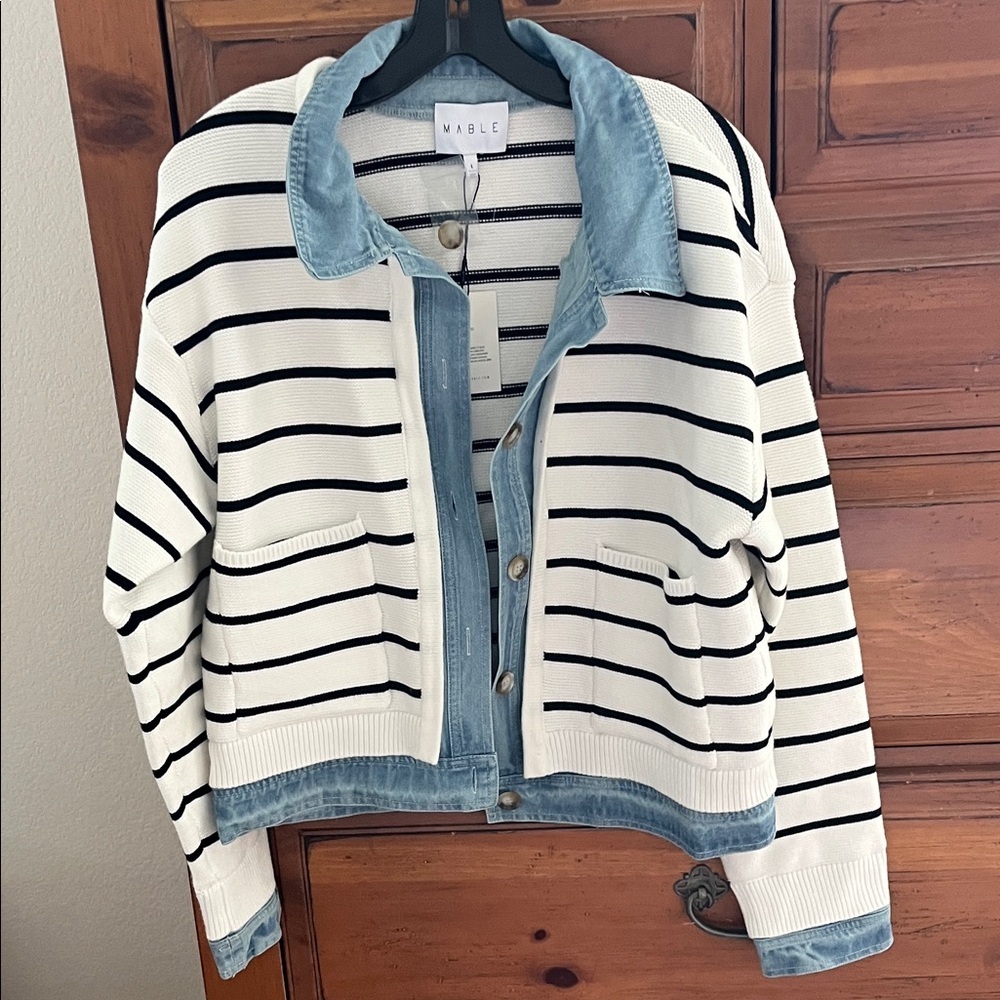 MABLE Navy Blue and Ivory Striped Sweater Cardigan Coat with Denim Details NWT